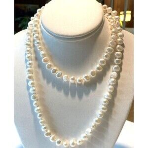 SNH White Baroque 9mm Pearl 35'' Strand‎ Necklace Sterling 925 Silver 72.5g